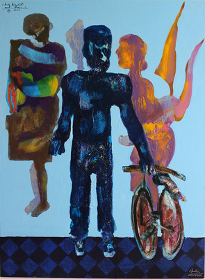 Andrzej Kasprzak Lonely bicyclist and his Angel, oil,acrylic,spray, canvas,130x90cm,2023 #AK34